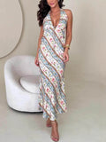 Summer Sexy Printed Halter Neck Backless V-Neck Midi Dress
