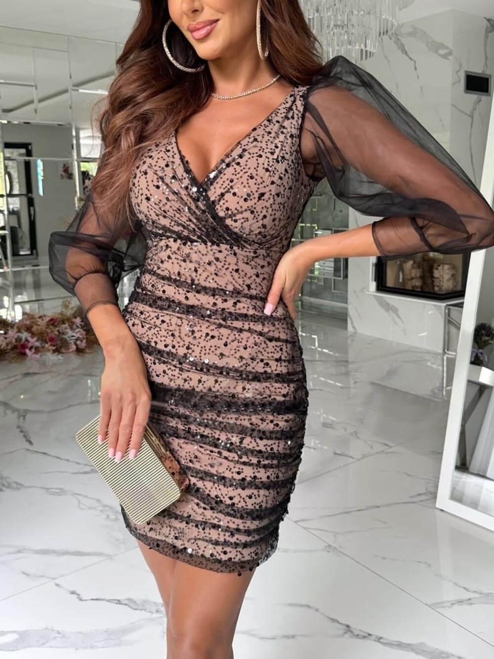 Aurohaya Exquisite And Sexy Sequin Casual Party Dress Black