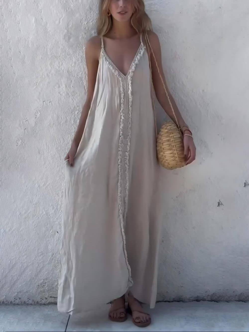 Aurohaya Modern Unique Lace Decoration V-Neck Suspender Maxi Dress Off-White