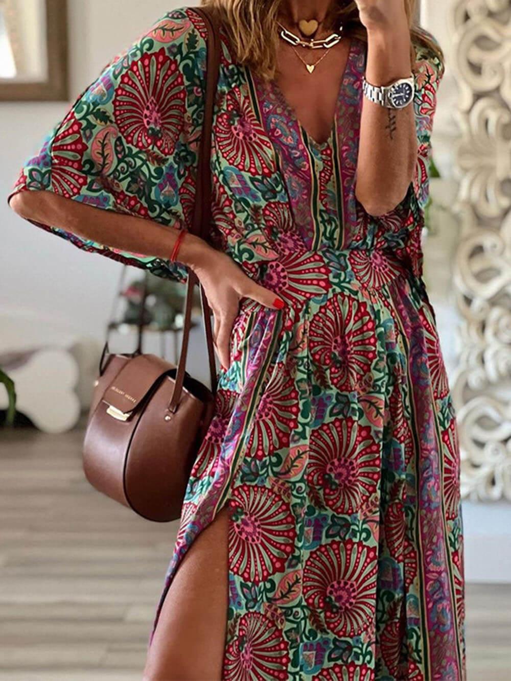 Aurohaya Bohemian Fashion V-Neck Printed Loose Maxi Dress