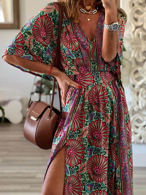 Aurohaya Bohemian Fashion V-Neck Printed Loose Maxi Dress