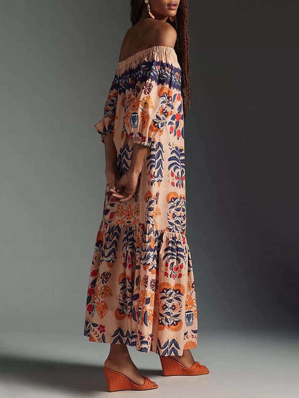 Aurohaya Retro Island Lover Printed Off The Shoulder Pocketed Flowy Midi Dress