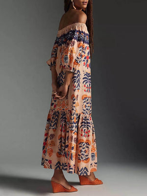 Aurohaya Retro Island Lover Printed Off The Shoulder Pocketed Flowy Midi Dress