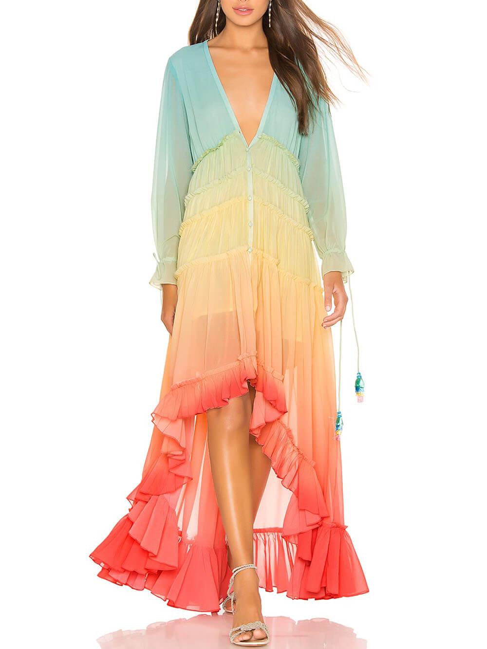 Aurohaya Unique Gradient Print Bohemian Rainbow Tiered Maxi Dress Red