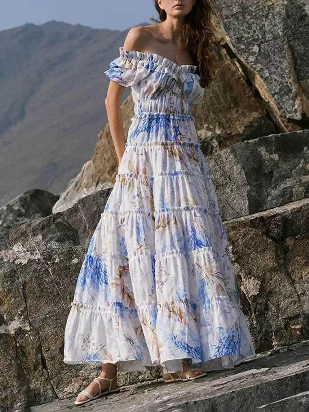 Aurohaya Elegant Off-Shoulder Printed Organza Fairy Evening Gown Maxi Dress Blue