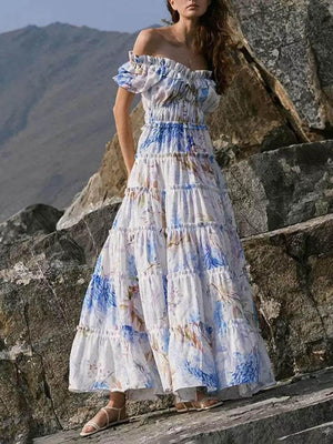 Aurohaya Elegant Off-Shoulder Printed Organza Fairy Evening Gown Maxi Dress Blue