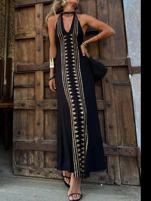 Aurohaya Unique Meret Gold Geometric Print Halter Backless Stretch Maxi Dress