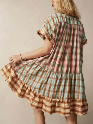 Aurohaya Unique Multicolored Plaid Patchwork Vacation Mini Dress