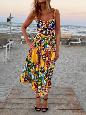 Aurohaya Unique Sunset Walk Ethnic Pattern Print Backless Midi Dress