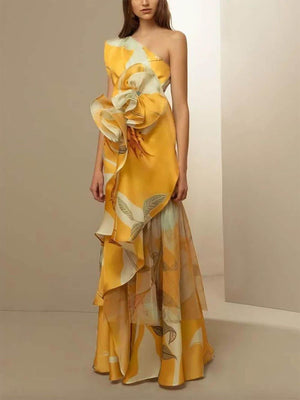 Aurohaya Retro French High-Waisted Printed Off-Shoulder Dress Yellow