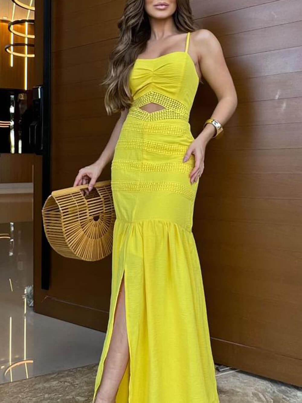 Aurohaya Exquisite Beautiful Essence Crochet Lace Patchwork Hollow Fishtail Maxi Dress