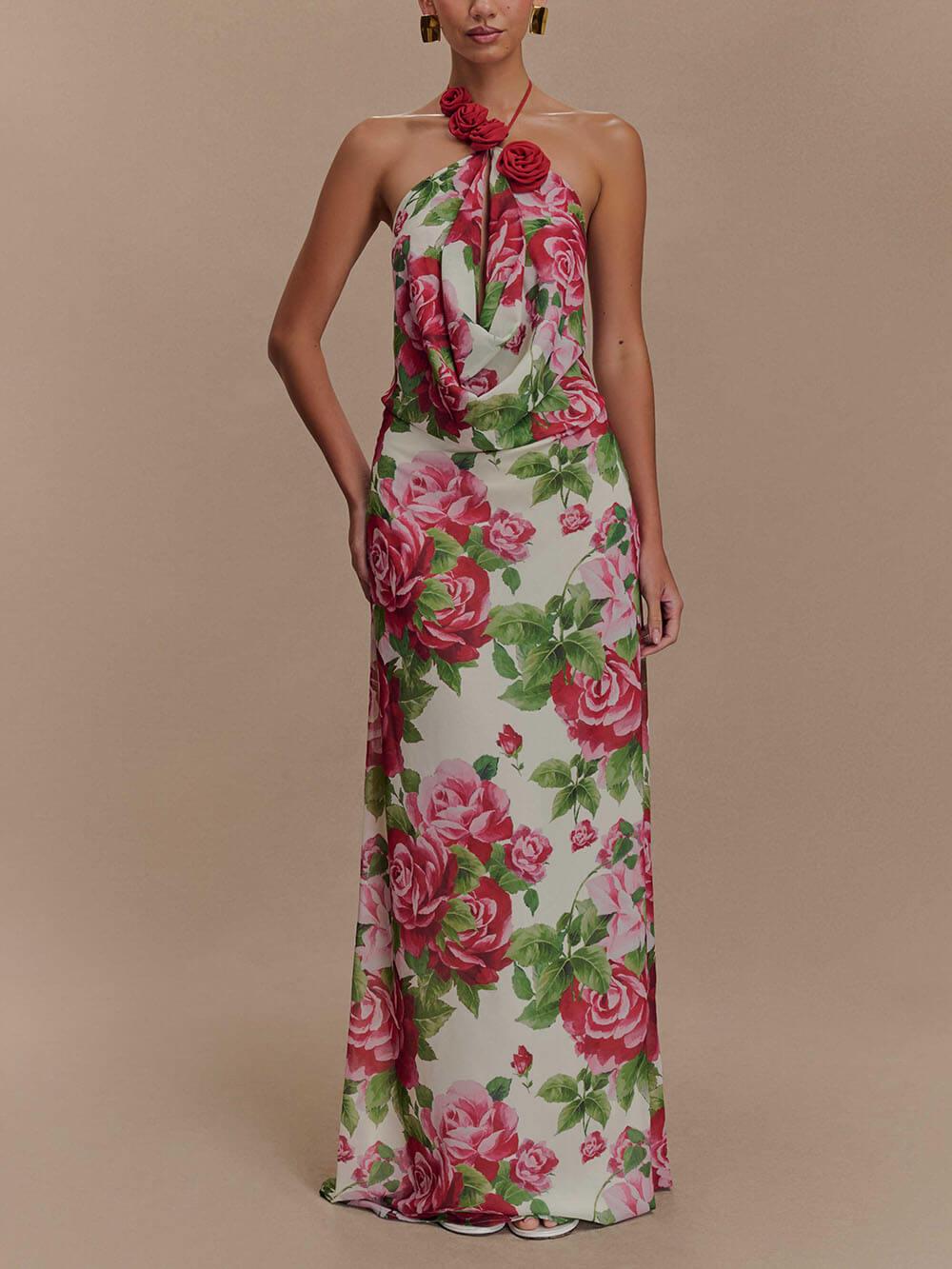 Aurohaya Romance Elegance Rose Printed Applique Cowl Neck Maxi Dress