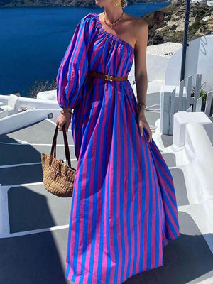 Aurohaya Fashionable Striped Off-Shoulder Holiday Maxi Dress Purple