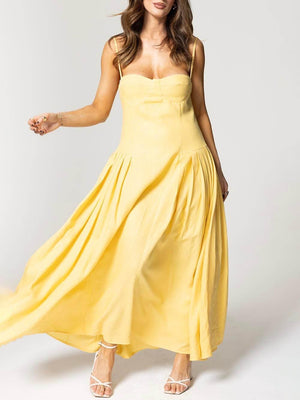 Aurohaya Elegant Pleated Halter Backless Dora Midi Dress Yellow