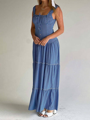 Aurohaya Vintage French Check Print Suspenders Drawstring Pleated Ruffle Maxi Dress Blue