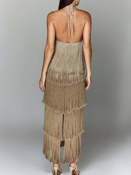 Aurohaya Fashionable Halter Neck Tassel Backless Slit Party Dress