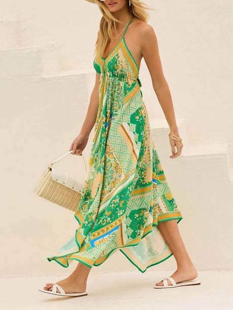 Aurohaya Elegant Off-Shoulder V-Neck Suspender Print Swing Dress