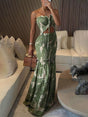 Aurohaya Exquisite Floral Smocked Cutout Halter Fishtail Stretch Maxi Dress Green