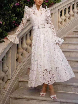 Aurohaya Elegant Hollow Lace Trumpet Sleeve Party Evening Gown Maxi Dress White