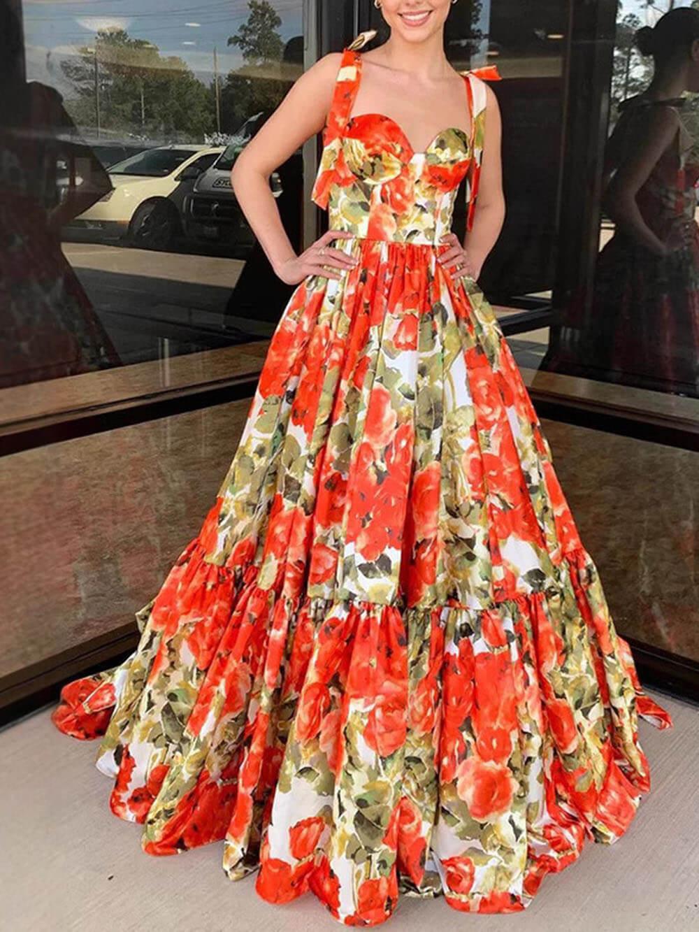 Aurohaya Elegant And Sexy Floral Print Open Back Ruffled High Tie Swing Maxi Dress Orange