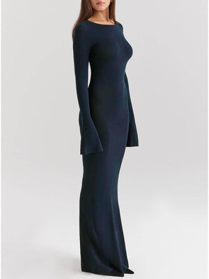 Aurohaya Elegant Midnight Blue Backless Fitted Maxi Dress