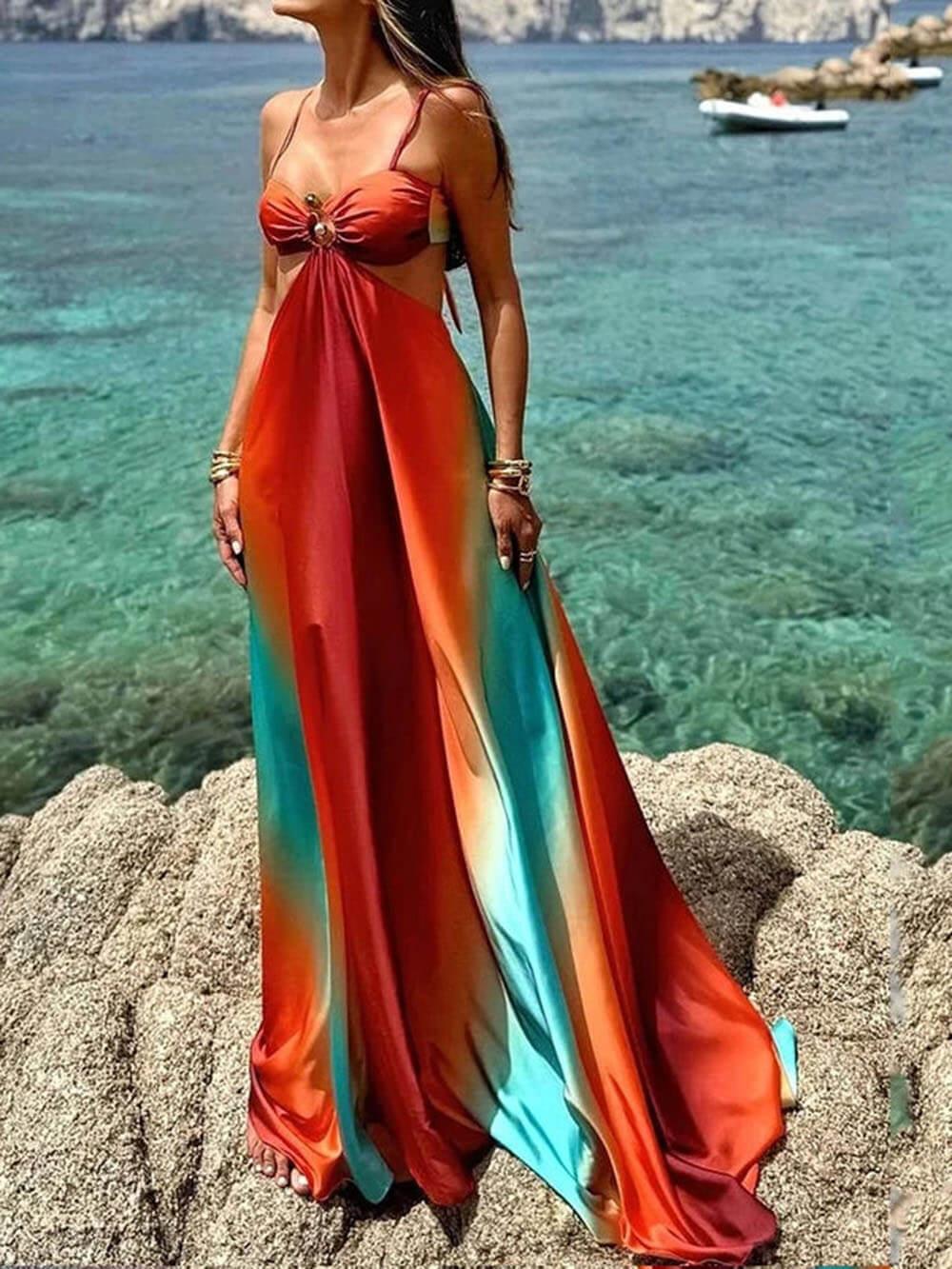 Aurohaya Unique Colorful Gradient Suspender Maxi Dress Multicolors