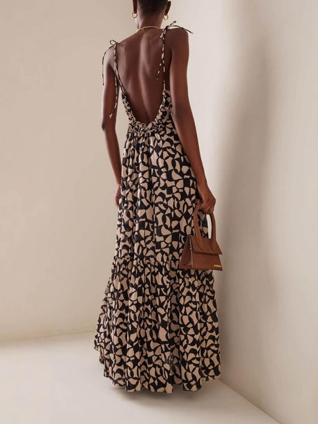 Aurohaya Fashionable Design Printed Backless Holiday Style Suspender Maxi Dress