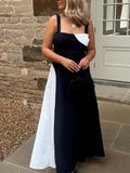 Simple Contrast Color Sling Back Smocked Maxi Dress