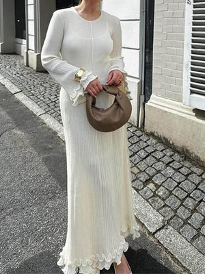 Aurohaya Elegant Trumpet Sleeves Rolled Hem Knitted Round Neck Maxi Dress