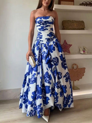 Aurohaya Elegance Perfect Moment Floral Off Shoulder Ruched Bodice Drape Bubble Hem Maxi Dress Blue
