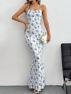 Aurohaya Sweet And Fresh Halter Back Floral Print Holiday Style Maxi Dress Blue
