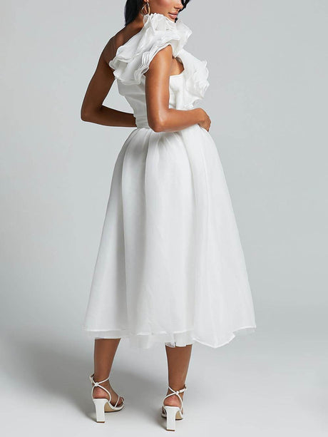 Aurohaya Unique Romantic Seaside One Shoulder Frill Detail Sleeve Layered Midi Dress