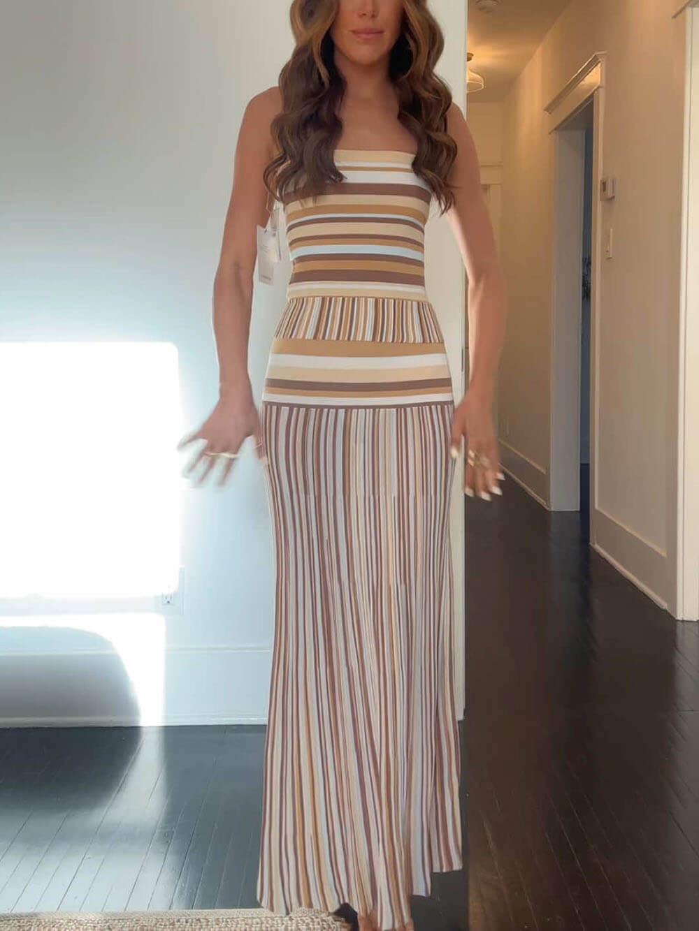 Aurohaya Exquisite Strapless Striped Printed Pleated Maxi Dress