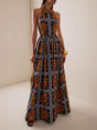 Aurohaya Exquisite Sexy Backless Unique Floral Print Suspender Maxi Dress Brown