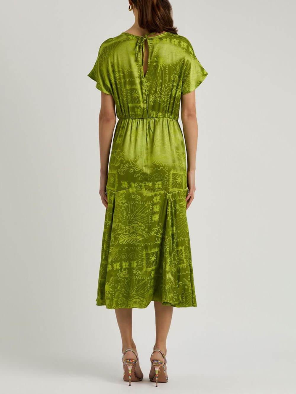 Aurohaya Elegant Satin Unique Jacquard Print Midi Dress