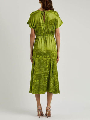 Aurohaya Elegant Satin Unique Jacquard Print Midi Dress