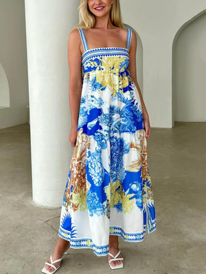 Aurohaya Fashionable European Style Holiday Style Fixed Print Suspender Dress