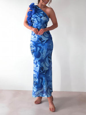 Aurohaya Sexy Elegant Sleeveless Three-Dimensional Flower Print Slim-Fitting Party Dress