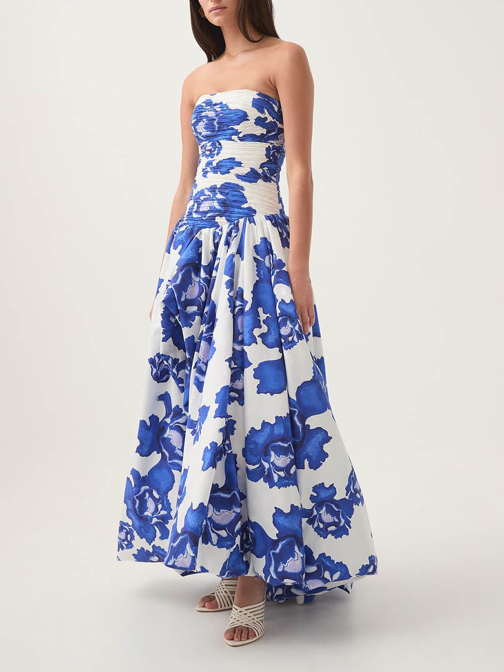 Aurohaya Elegance Perfect Moment Floral Off Shoulder Ruched Bodice Drape Bubble Hem Maxi Dress