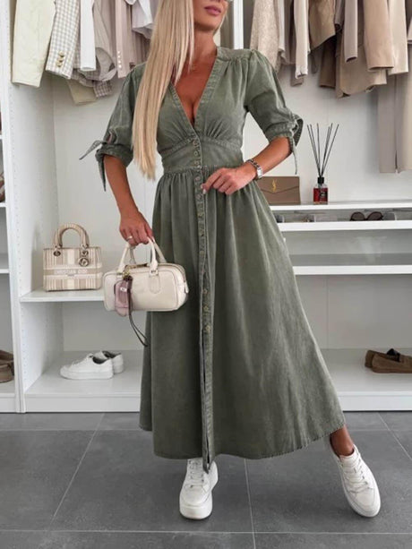 Aurohaya Unique Pleats Solid Color V-Neck Button-Down Denim Midi Dress Army Green