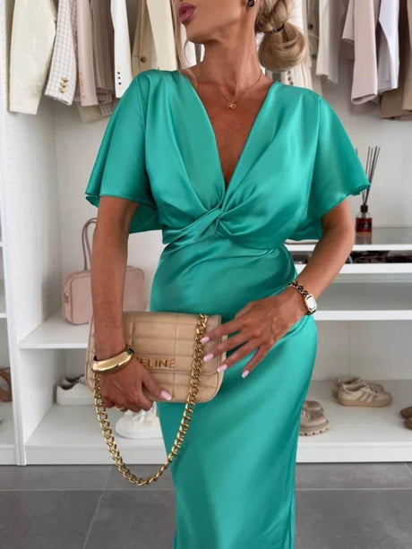 Aurohaya Graceful Satin Solid Color V-neck Cross Knot Slim Maxi Dress