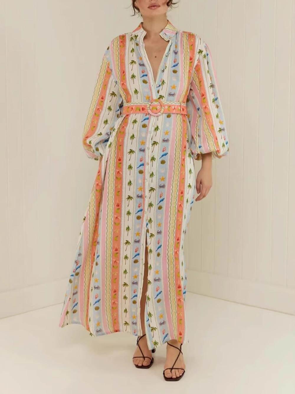 Aurohaya Unique Personalized Printed Casual Linen Cardigan Maxi Dress