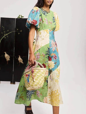 Aurohaya Casual Personalized Graffiti Print Lantern Sleeve Round Neck Linen Maxi Dress
