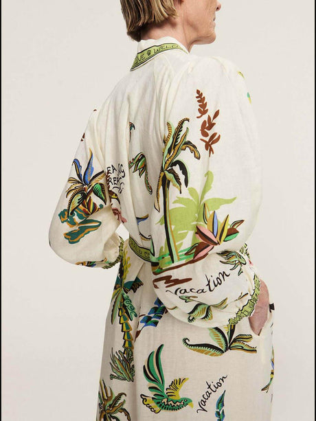 Aurohaya Unique Coconut Tree Print Day Dream Linen Shirtdress