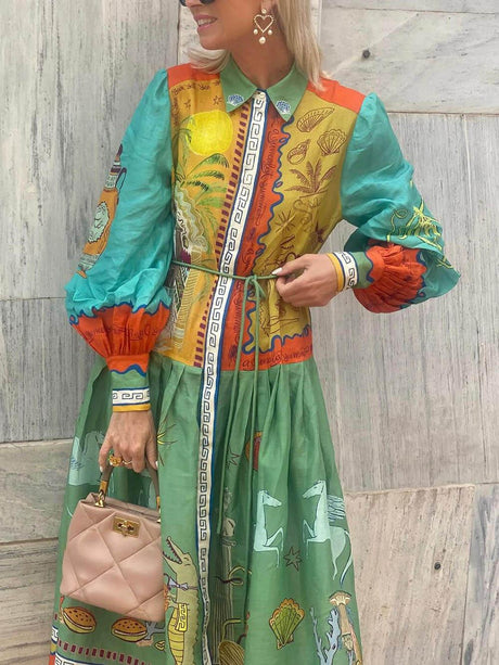 Aurohaya Unique Linen Ocean Animal Print Cardigan Belted Maxi Dress