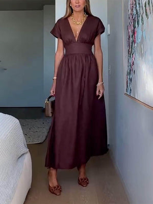 Aurohaya Classic Linen Blend Short Sleeve Fitted Waist Maxi Dress