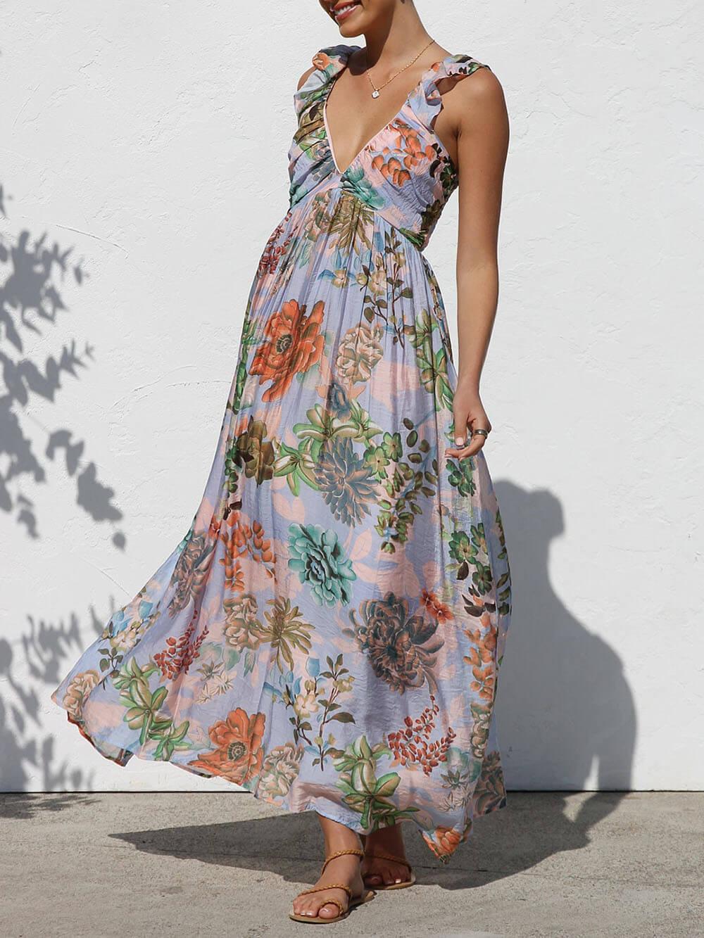 Aurohaya Beautifully Pleated Unique Floral Print Ruffle Sleeve Maxi Dress