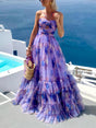 Aurohaya Elegant Floral Print Chiffon Layered Halter Maxi Dress Purple