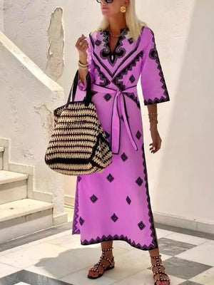 Aurohaya Bohemian Style Unique Print Belted Midi Dress Rose Red