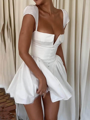 Aurohaya Exquisite V-Neck Pleated Waist Mini Dress